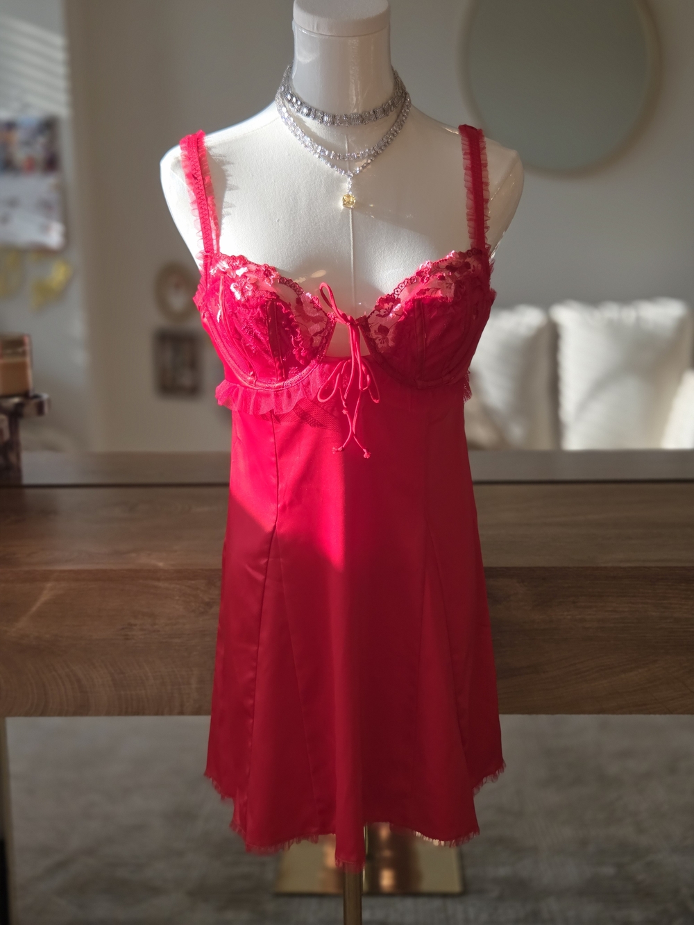 For Love And Lemons Red Lace-Trim Slip Chemise